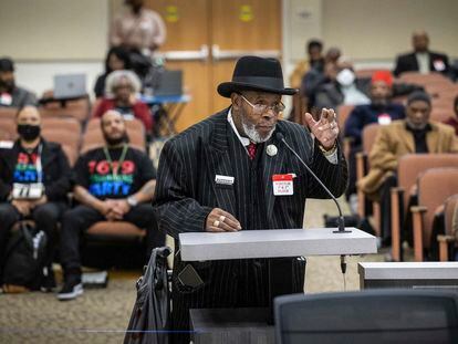 Bishop Henry C. Williams, of Oakland, testifies during the Reparations Task Force meeting in Sacramento, California, on March 29, 2023.