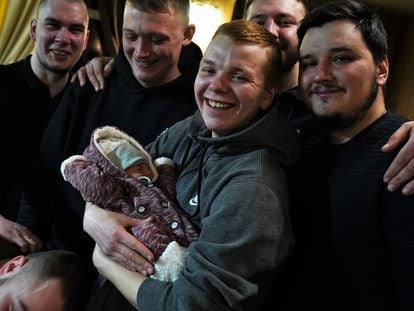 Yaroslav and friends celebrate the birth of his son on March 10.