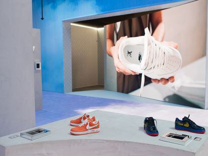 Nike shoes designed by Virgil Abloh for Louis Vuitton, in the New York exhibition, May 2022.