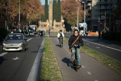 Cyclists on a bike lane in Barcelona.