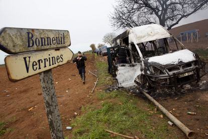 A burned police van in the fields of Sainte Soline, France, where officers clashed with protesters on Saturday.
