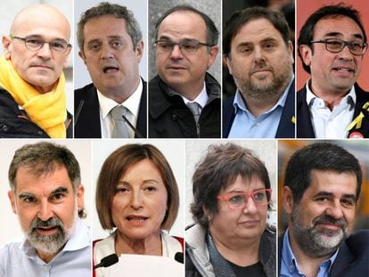 Catalan independence leaders Raül Romeva, Joaquim Forn, Jordi Turull, Oriol Junqueras, Josep Rull, Jordi Cuixart, Carme Forcadell, Dolors Bassa and Jordi Sànchez..