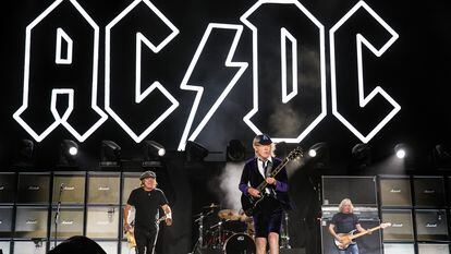 The logo created by Gerard Huerta crowning the AC/DC stage at the band's concert at the Power Trip festival, in October 2023 in Indio, California.