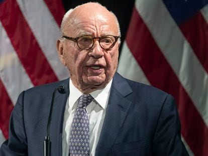 Rupert Murdoch introduces Secretary of State Mike Pompeo during the Herman Kahn Award Gala on October 30, 2019, in New York.