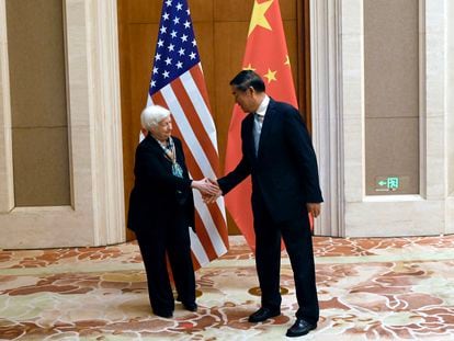 US Treasury Secretary Janet Yellen (L) shakes hands with Chinese Vice Premier He Lifeng during a meeting at the Diaoyutai State Guesthouse in Beijing, China, 08 July 2023.