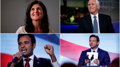 Four of the seven candidates who will take part in the second Republican debate in Simi Valley. Starting at top left: Nikki Haley, Mike Pence, Vivek Ramaswamy and Ron DeSantis.