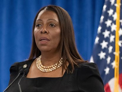 New York Attorney General Letitia James holds a press conference following a ruling against former U.S. President Donald Trump in New York City, February 16, 2024.