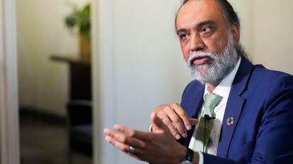 Amandeep Singh Gill, the United Nations tech policy chief, speaks during an interview with The Associated Press, Friday, Sept. 22, 2023, at U.N. headquarters.