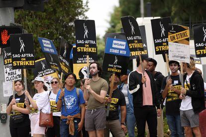 Members of the SAG-AFTRA actors union during a protest outside the Sony studios, in California, on September 29, 2023.