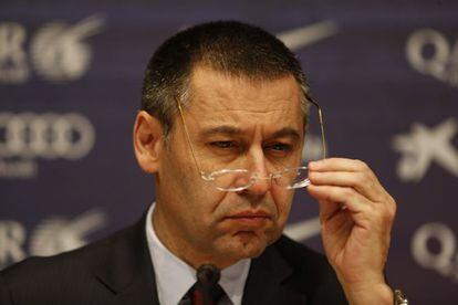 Josep Maria Bartomeu at Monday&#039;s press conference.