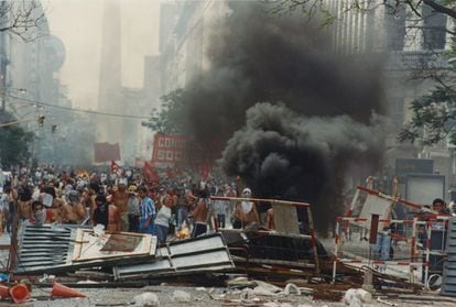 Barricades being set up as part of a 2001 street protest in Buenos Aires against government austerity measures.