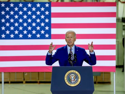 US President Joe Biden speaks at Flex LTD., in West Columbia, South Carolina, USA, 06 July 2023. Biden announced a new manufacturing partnership between Enphase Energy and Flex LTD.