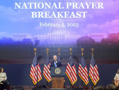President Joe Biden speaks of unity and bipartisanship during the 70th annual National Prayer Breakfast on Capitol Hill in Washington, DC, USA, 02 February 2023.