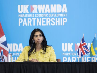 Britain's Home Secretary Suella Braverman pauses, during a press conference in the capital Kigali, Rwanda Saturday, March 18, 2023.