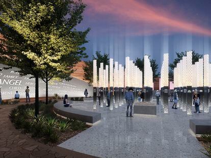 This rendering provided by Clark County, Nev., on June 2, 2023, shows one of five potential designs for a permanent memorial to be built on the Las Vegas Strip in honor of the victims, survivors and first responders of the Oct. 1, 2017, mass shooting that left 60 dead and hundreds more injured at a country music festival in Las Vegas.