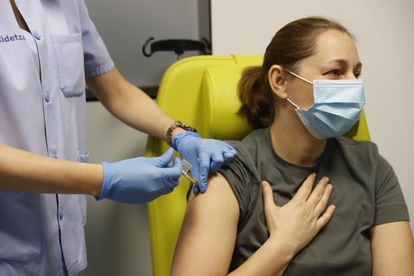 A volunteer is administered the CureVac vaccine at Biocruces hospital in Basque Country.