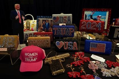A booth selling Trump merchandise for women is shown at the hotel where Donald Trump will speak during the fall convention of the California Republican Party in Anaheim, California.