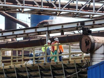 Steel workers at U.S. Steel Granite City Works in Granite City, Illinois, U.S., May 24, 2018.