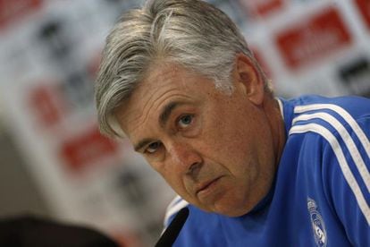 Real coach Carlo Ancelotti attends to the media ahead of the Madrid derby. 