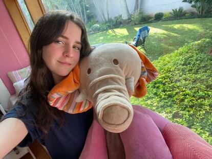 Gabriela Piqueras with her toy elephant 'Kika', at her Guatemala´s house.