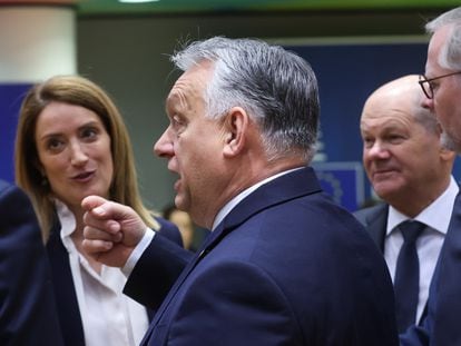 (L-R) European Parliament President Roberta Metsola, Hungarian Prime Minister Viktor Orban and German Chancellor Olaf Scholz at the European Council in Brussels, Belgium, February 01, 2024.
