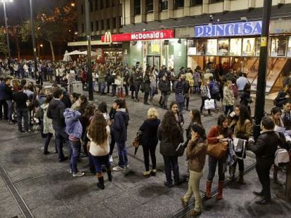 The price is right: The line snaking outside the Princesa cinema in downtown Madrid on Tuesday night. 