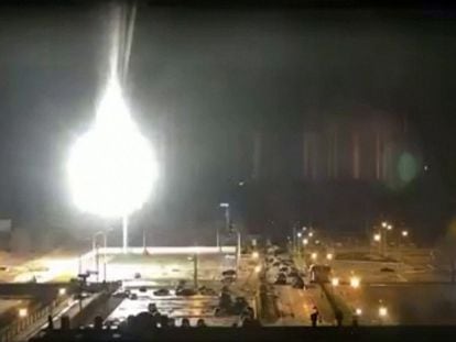 A surveillance camera shows the Russian bombing of the Zaporizhzhia power plant in the early hours of March 4, 2022.