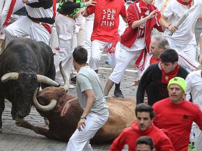 One of the bulls slips and falls at Day 5 of the Running of the Bulls