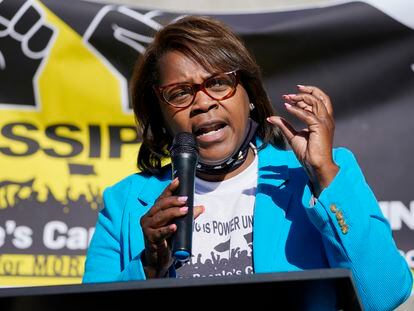 Danyelle Holmes, a national organizer with the Poor People's Campaign, speaks during a news conference, Nov. 2, 2020, in Jackson, Miss.