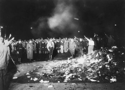 Lion Feuchtwanger’s books and others are burned at a Nazi rally in 1933.