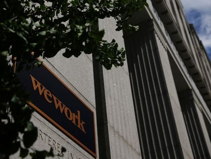 A sign marks a WeWork location in Boston, Massachusetts, U.S., August 14, 2023.