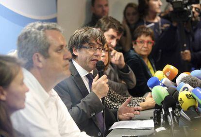 Former Catalan regional premier Carles Puigdemont at today&rsquo;s press conference.