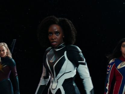 The three protagonists of 'The Marvels' (2023) in a still from the movie.