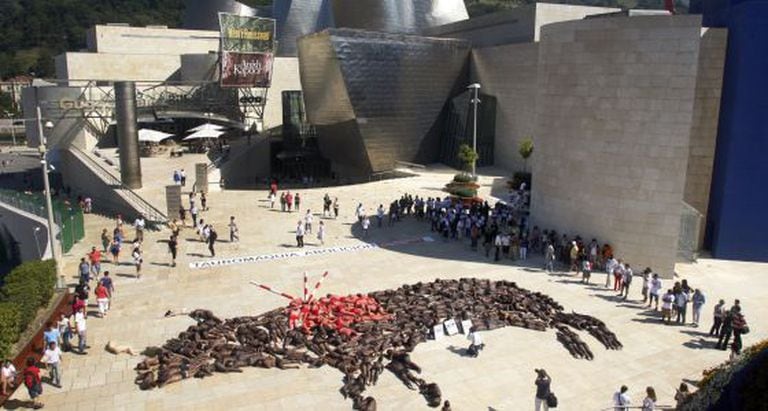 Animal rights activists protest against bullfighting in front of the Guggenheim Bilbao in 2010.