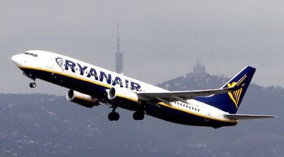 A Ryanair flight takes off from El Prat airport in Barcelona.