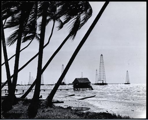 Petroleum platforms in the lake of Maracaibo, Venezuela, in February 1944.