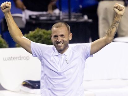 Daniel Evans of Britain reacts upon defeating Tallon Griekspoor of the Netherlands in the men's final of the Mubadala Citi DC Open, in Washington, DC, USA, 06 August 2023.