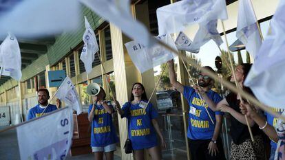 Ryanair workers demonstrate at Adolfo Suarez Barajas airport in Madrid.