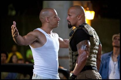 Vin Diesel and Dwayne Johnson in Fast & Furious 5 (2011).