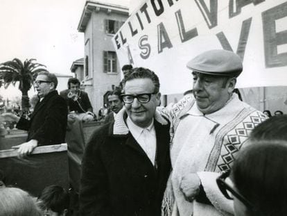 Poet Pablo Neruda (r) next to President Salvador Allende in an undated photo.
