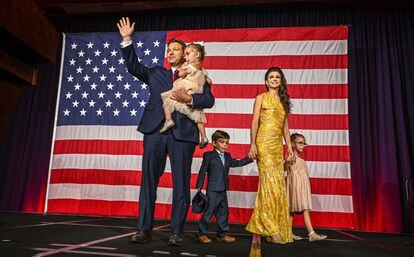 Ron DeSantis with his wife Casey DeSantis and children Madison, Mason and Mamie, waves to the crowd during an election night watch party.