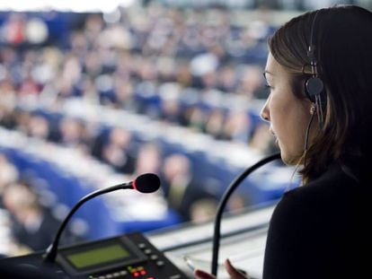 An interpreter at a plenary session of the European Parliament.