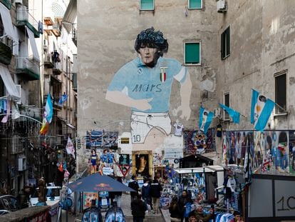A Maradona mural in Naples' neighborhood of Quartieri Spagnoli.