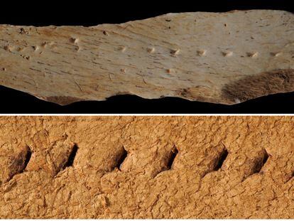 The top photo is of the perforated bone, where the animal skin was placed. It was then struck with a burin, just as shoemakers still do today. Below is the skin that was examined in recent analyses.
