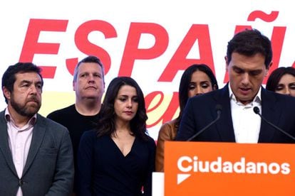 Ciudadanos leader Albert Rivera makes a statement following his party's crushing defeat at the polls.