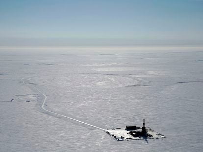 This 2019 aerial photo provided by ConocoPhillips shows an exploratory drilling camp at the proposed site of the Willow oil project on Alaska's North Slope.