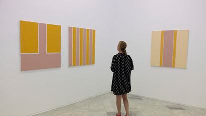 A woman observes Pepa Caballero's series 'Mediterranean', exhibited at the Andalusian Center for Contemporary Art (CAAC) in Seville, in the collective exhibition 'Devenir pintura'.