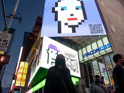 Examples of CryptoPunks' NFT collection on display in New York in May 2021, during the height of the technology's success.