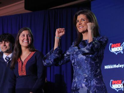 Republican primary candidate Nikki Haley with her daughter Rena and her son Nalin on Tuesday in Concord.