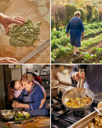 Imperia cooks green fettuccine with nettle juice and white fettuccine tossed with ‘guanciale,’ broccoli, and white wine. Top right: Imperia in her vegetable garden; bottom left: with her granddaughter in the kitchen.